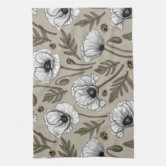 Witte papaver en ladybugs theedoek (Verticaal)