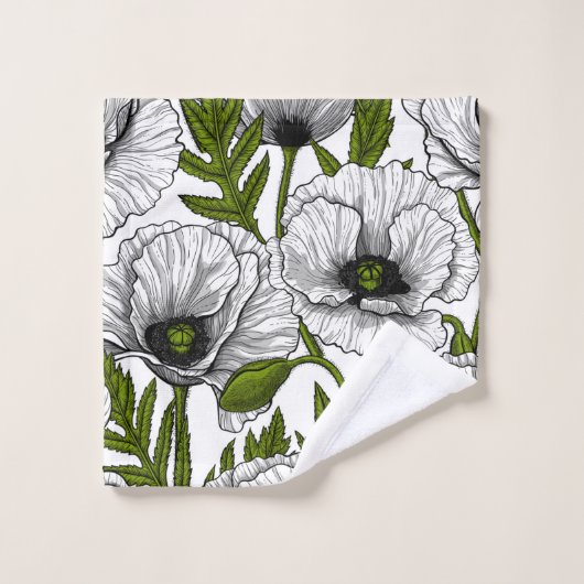 Witte papaver op wit bad handdoek (Wasdoekje)