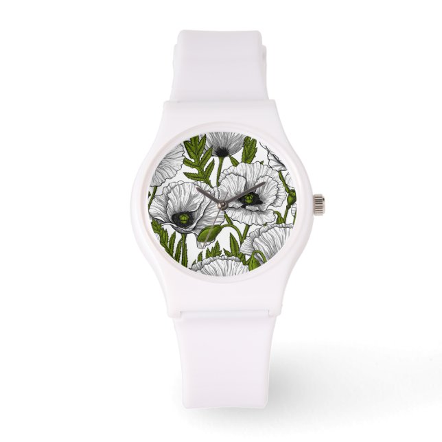 Witte papaver op wit horloge (Voorkant)