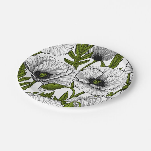 Witte papaver op wit papieren bordje (Gekanteld)