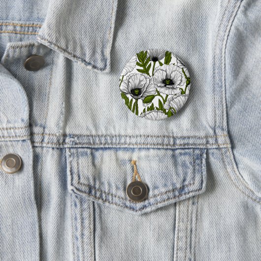 Witte papaver op wit ronde button 5,7 cm (In situ)