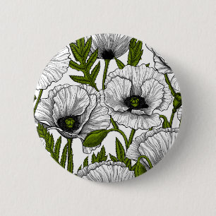 Witte papaver op wit ronde button 5,7 cm