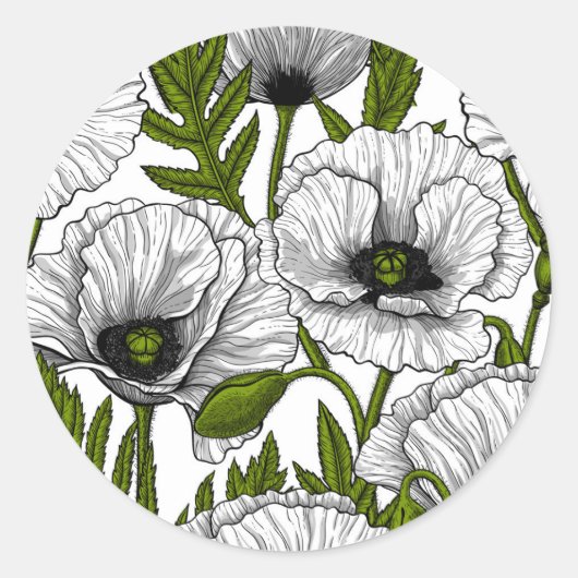 Witte papaver op wit ronde sticker (Voorkant)