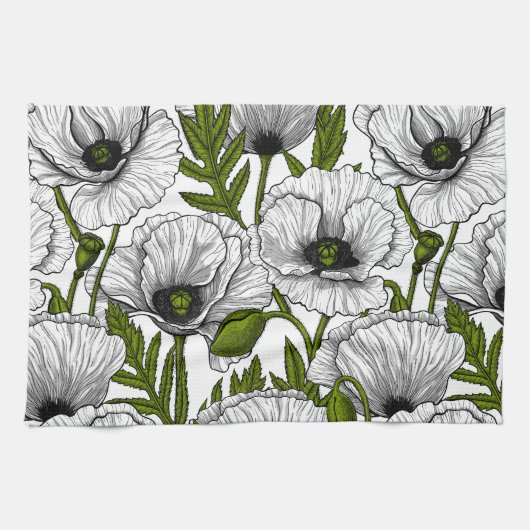 Witte papaver op wit theedoek (Horizontaal)