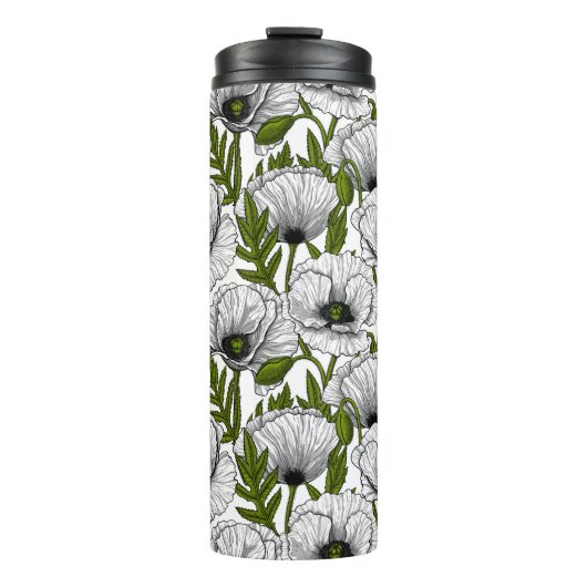 Witte papaver op witte thermische tumbler thermosbeker (Voorkant)