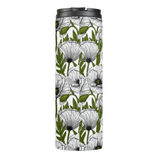 Witte papaver op witte thermische tumbler thermosbeker (Achterkant)