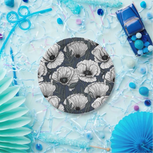 Witte papaver papieren bordje (Feest)