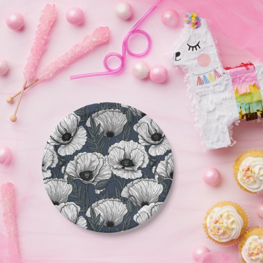 Witte papaver papieren bordje (Feest)