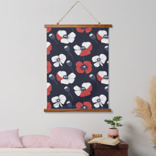 Witte papaver patroon met rode en blauwe accenten hangend wandkleed