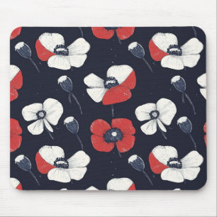 Witte papaver patroon met rode en blauwe accenten muismat