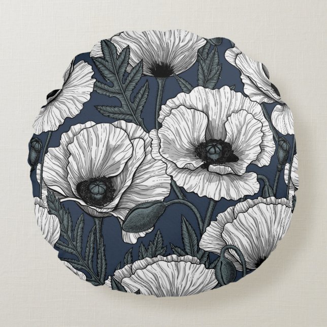 Witte papaver rond kussen (Voorkant)