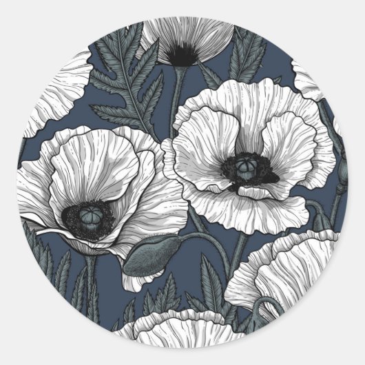 Witte papaver ronde sticker (Voorkant)