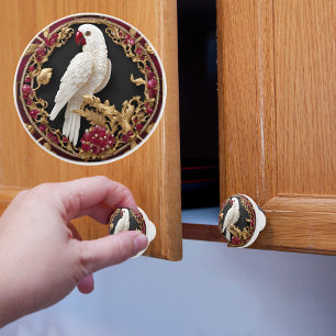 Witte papegaai met goud en robijn keramische knop