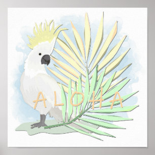 Witte papegaaien in palmbladeren. poster