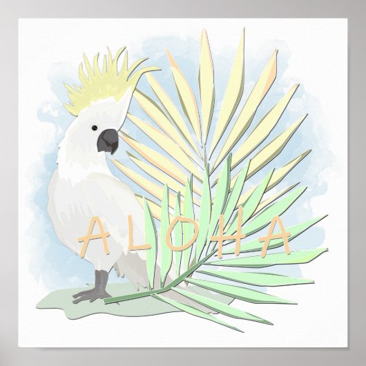 Witte papegaaien in palmbladeren. poster (Voorkant)