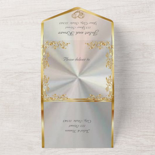 Witte parel, gouden bladeren, duiven & hart all in one uitnodiging (Buitenkant)