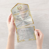 Witte parel, gouden bladeren, duiven & hart all in one uitnodiging (Afscheurbaar)