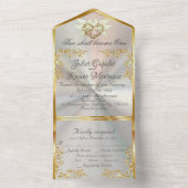 Witte parel, gouden bladeren, duiven & hart all in one uitnodiging (Binnen)