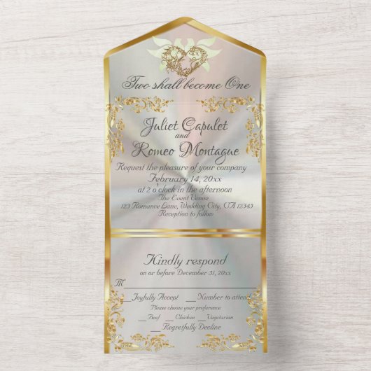 Witte parel, gouden bladeren, duiven & hart all in one uitnodiging (Binnen)