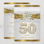 Witte Parel Gouden Kant Bloemen 50ste Verjaardagsf Kaart (Voorkant / Achterkant)