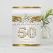 Witte Parel Gouden Kant Bloemen 50ste Verjaardagsf Kaart (Staand voorkant)
