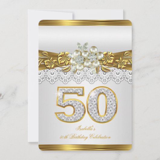Witte Parel Gouden Kant Bloemen 50ste Verjaardagsf Kaart (Voorkant)
