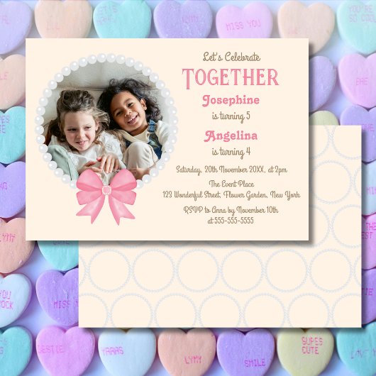 Witte Parel Roze Bow Foto Meisje Joint Verjaardag Kaart