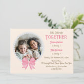 Witte Parel Roze Bow Foto Meisje Joint Verjaardag Kaart (Staand voorkant)