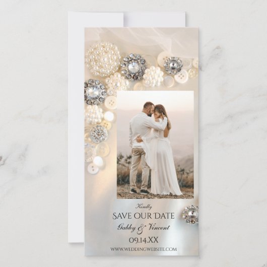 Witte pareldiamant Buttonnen Weddenschap Save the Save The Date (Voorkant)