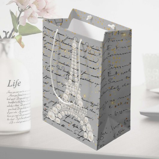 Witte Parels Eiffeltoren Midden Cadeaubagage Medium Cadeauzakje