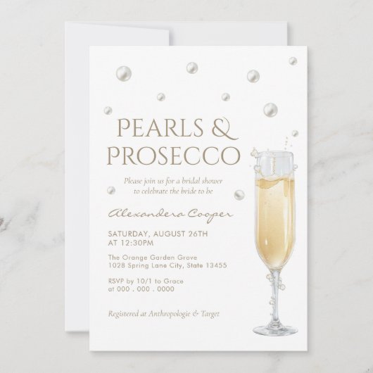Witte Parels en Prosecco Bruidsdouche Kaart (Voorkant)
