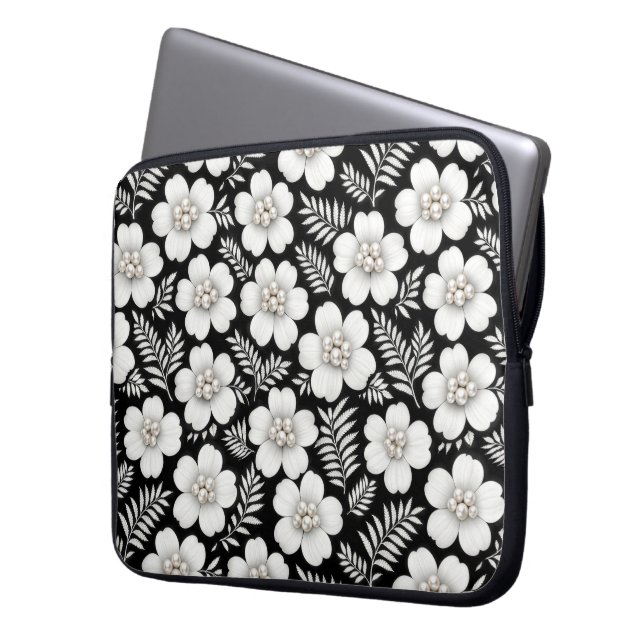 Witte parels in bloempatroon laptop sleeve (Voorkant Links)