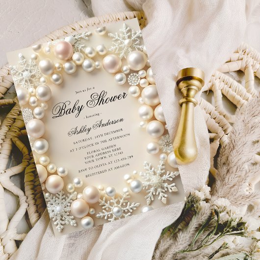 Witte parels met sneeuwvlokken Baby shower Kaart