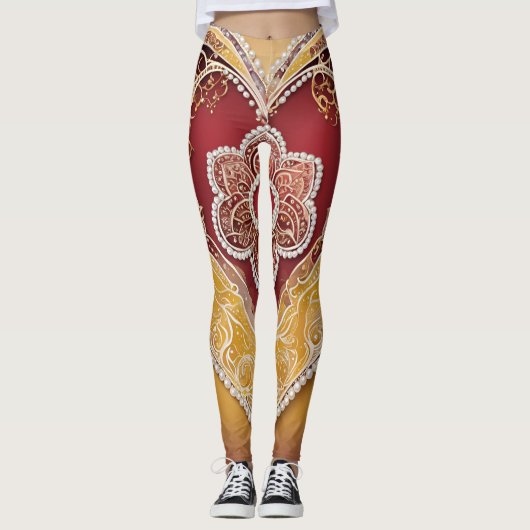 Witte parels op rode AI-kunst Leggings (Voorkant)