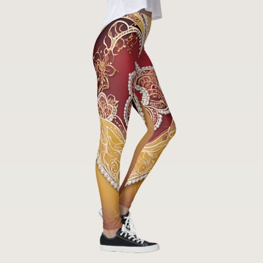 Witte parels op rode AI-kunst Leggings (Rechts)
