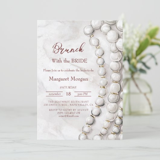 Witte Parels Rode Brunch met Bruid Kaart (Staand voorkant)