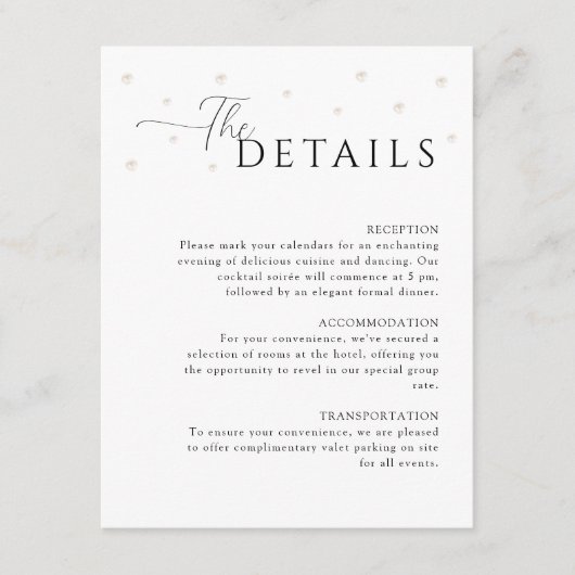 Witte Parels Wedding Details Behuizing Kaart (Voorkant)