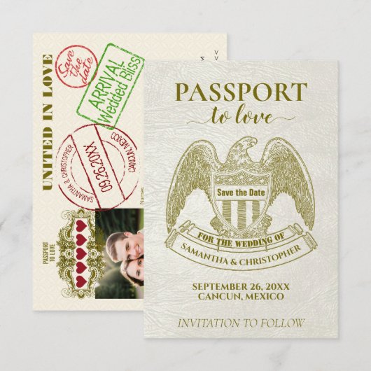 Witte Paspoort naar Liefde Leuke Bestemming Trouwe Save The Date (Voorkant / Achterkant)