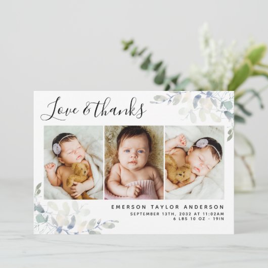 Witte pasta Eucalyptus 3 Foto New Baby Bedankkaart (Staand voorkant)