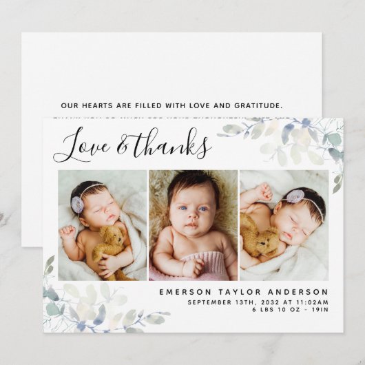 Witte pasta Eucalyptus 3 Foto New Baby Bedankkaart (Voorkant / Achterkant)