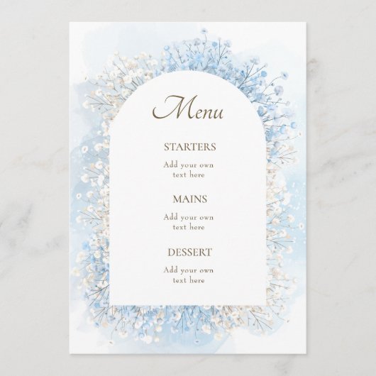 witte pastel blauwe bloemen menu (Voorkant)