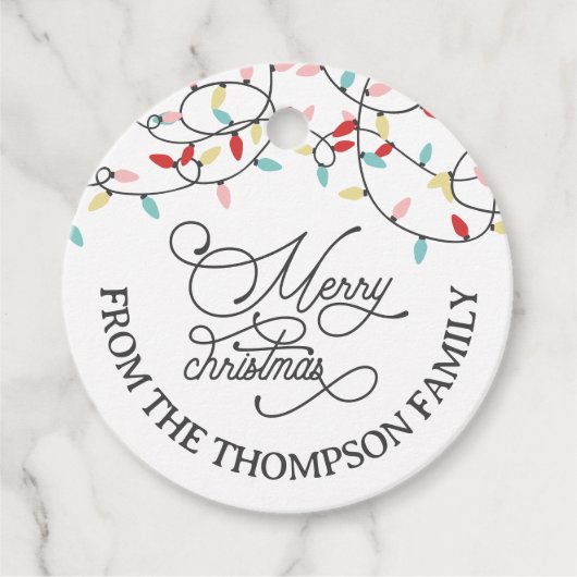 Witte Pastel String Lights Vrolijk Kerstfeest Bedankjes Labels (Voorkant)