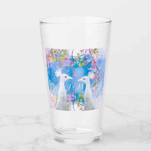 Witte pauw en bloeiende sakura / aanpasbaar glas (Voorkant)