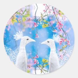 Witte pauw en bloeiende sakura / Romantische liefd Ronde Sticker