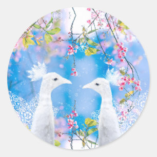 Witte pauw en bloeiende sakura / Romantische liefd Ronde Sticker