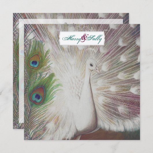 Witte Pauw en Veer bruiloft uitnodiging (Voorkant / Achterkant)