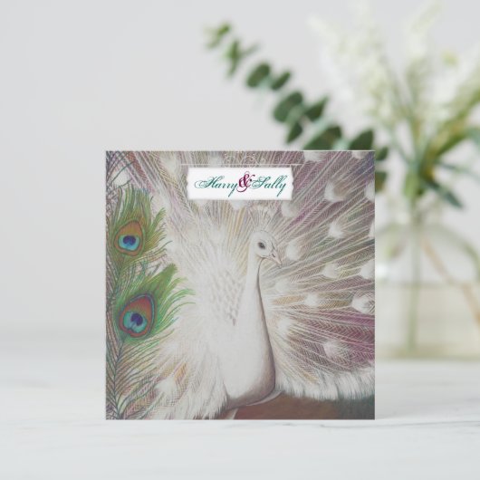 Witte Pauw en Veer bruiloft uitnodiging (Staand voorkant)