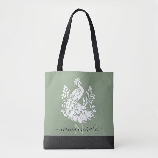 Witte pauw moderne kalligrafie salie groen terug tote bag (Voorkant)