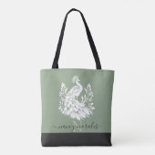 Witte pauw moderne kalligrafie salie groen terug tote bag (Achterkant)