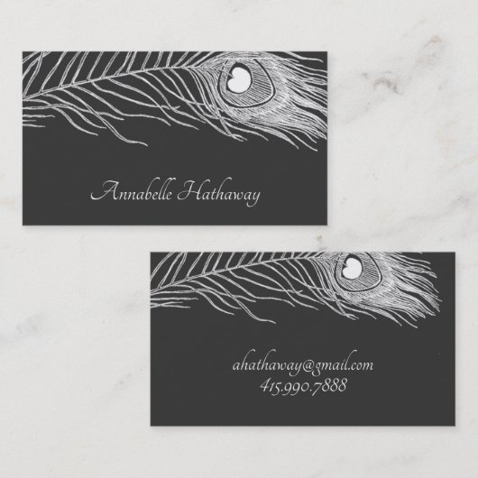 Witte pauw veer op zwarte visitekaartje (Voorkant / Achterkant)